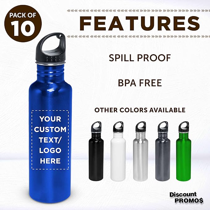 DISCOUNT PROMOS Custom Stainless Steel Water Bottles 26 oz. Set of 10, Personalized Bulk Pack - Reusable, Leak Proof, Perfect for Gym, Hiking, Camping, Outdoor Sports - Met Blue