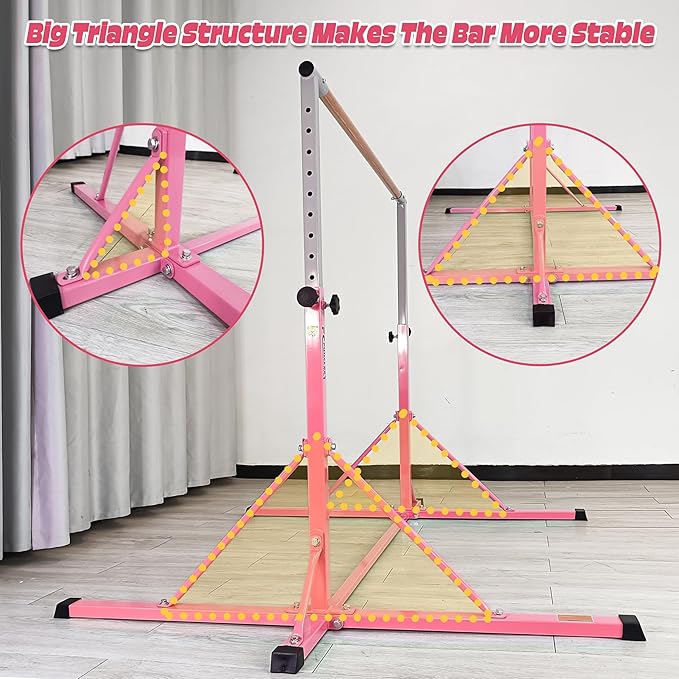 Gymnastics Bar for Kids Ages 3-15, 35" to 60" Adjustable Height, 4FT Wide Base - Professional Kip Bar with 360° Stability & Fiberglass Crossbar, Easy Fold&Solid Design for Home Training