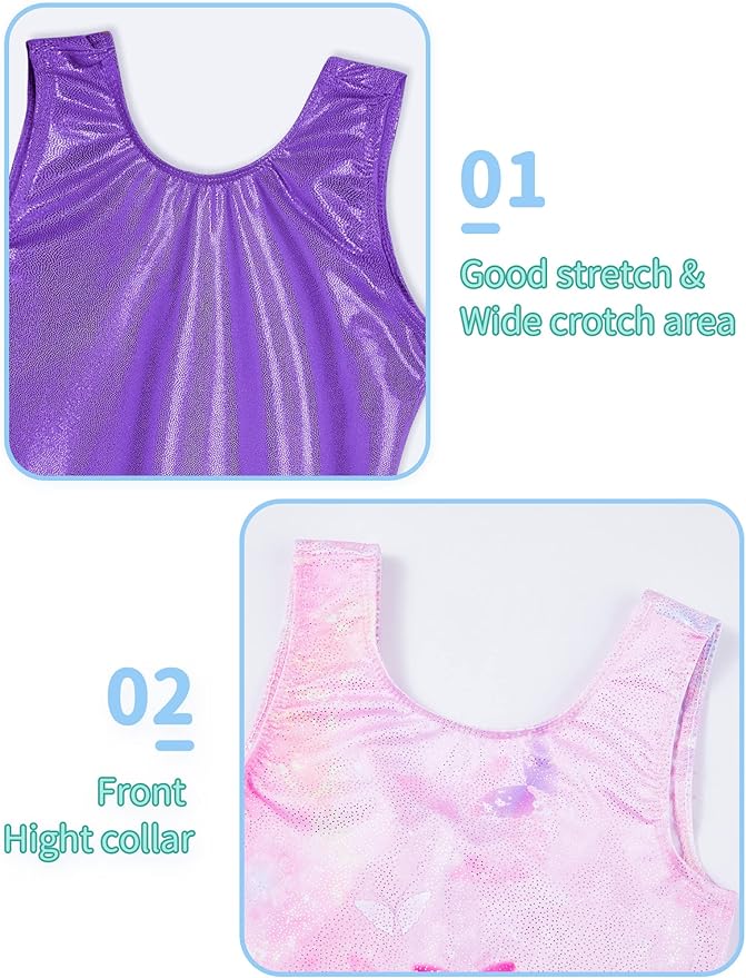 Nymphperi 2 Packs Gymnastics Leotard for Girls Sparkle Biketards with Shorts Kids Sleeveless Unitard One-Piece Dancewear