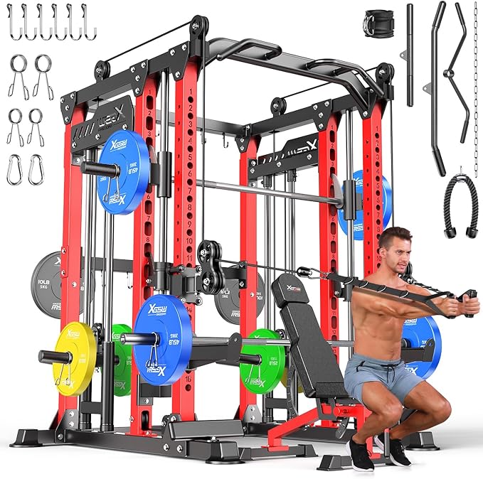 Smith Machine, Multi-Purpose Strength Power Cage with Cable Crossover System and More Training Accessories,Squat Rack Power Rack，Suitable for Home Gyms