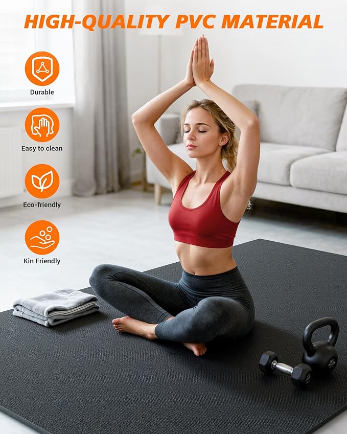 Large Exercise Mat for Home Gym & Garage Flooring- 6'x4' /7'x5'/10'x6' (8mm), Non-Slip, High-Density & Shoe-Friendly | Thick Workout Mats for Yoga, Cardio, Jump Rope, MMA, Weights