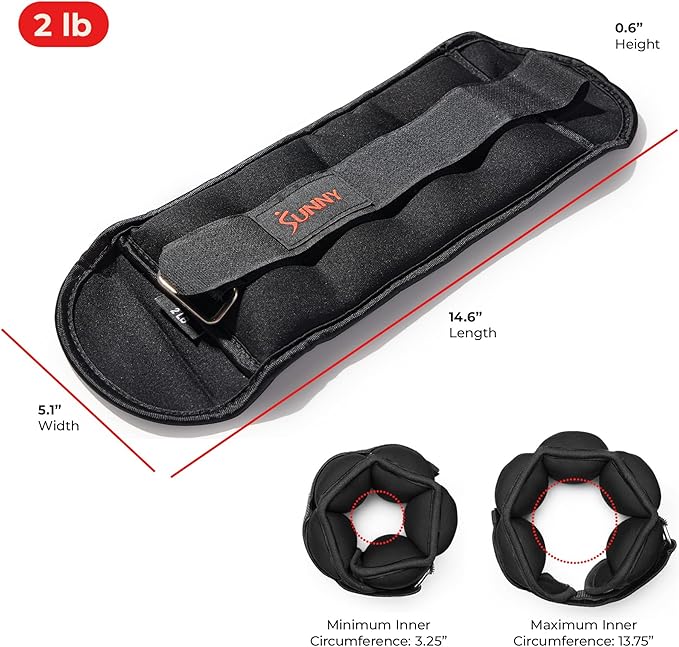 Sunny Health & Fitness Ankle Weights for Women, Men & Kids – Adjustable 1–5 lb Pair | Wrist, Arm & Leg Weights for Walking, Pilates, Yoga & Cardio