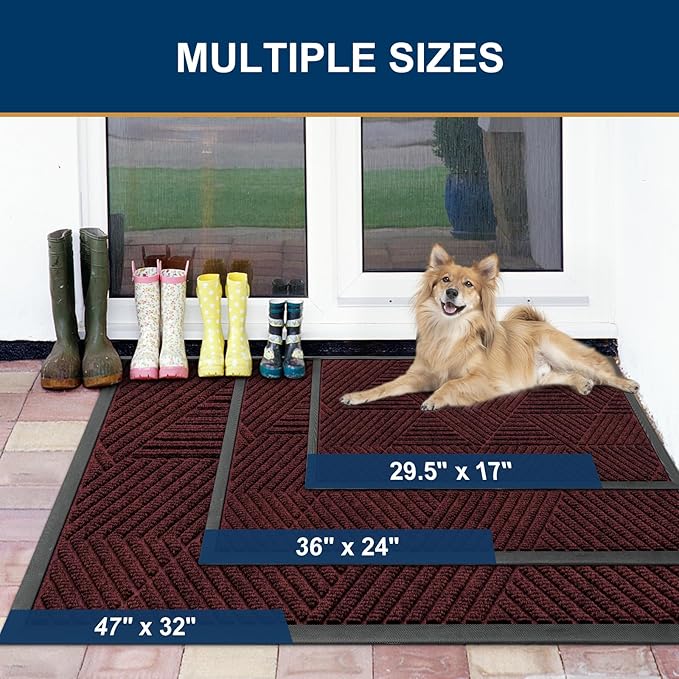 Smiry Front Door Mat Outside Entrance, Heavy Duty Sturdy Natural Rubber Doormat, Trap Dirt and Moisture, Easy Clean Low Profile Mats for Indoor Outdoor Entry, Irregular Triangle (36x24, Dark Red)