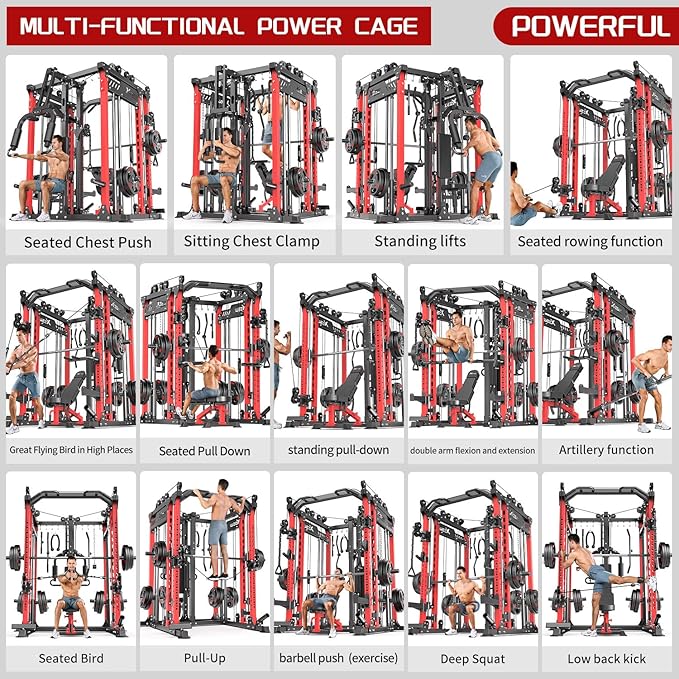Smith Machine, Multi-Purpose Strength Power Cage with Cable Crossover System and More Training Accessories,Squat Rack Power Rack，Suitable for Home Gyms
