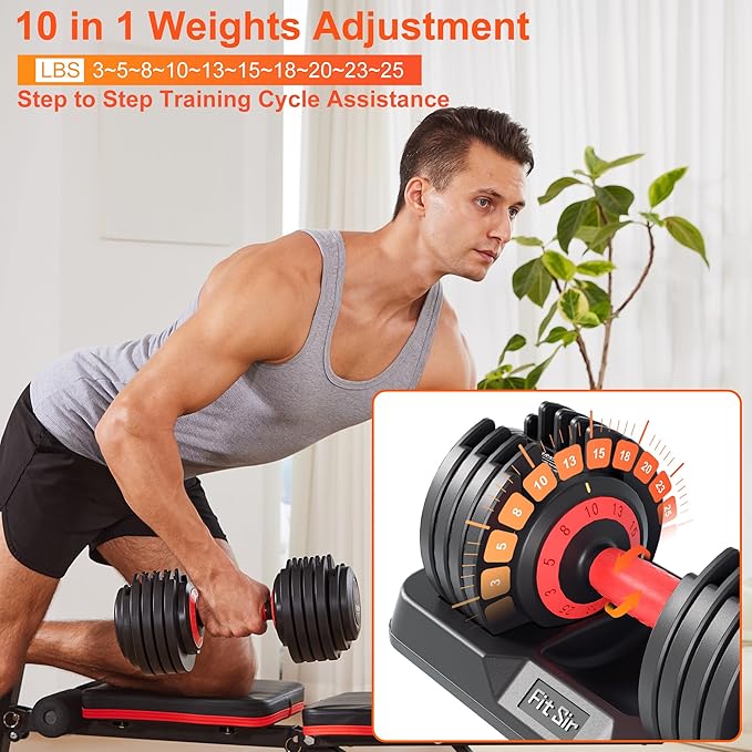 25/55LB Adjustable Dumbbell Set,10 in 1 Free Weights Dumbbell with Anti-Slip Texture Handle,1 Sec Speed Adjustment Men/Women Gym and Home Strength Training Equipment.