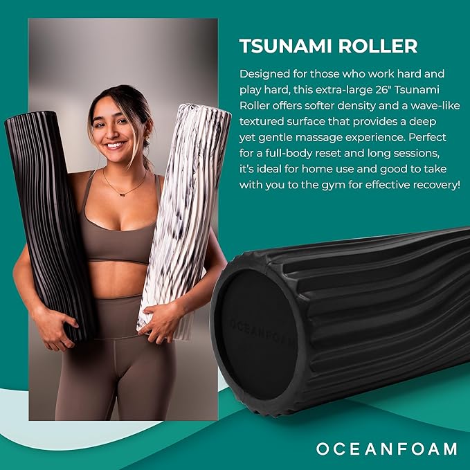 Oceanfoam Tsunami Roller (Black) - Extra-Large, 26" x 5.9" - Soft, Textured Foam Roller for Physical Therapy, Back Pain, Exercise & Stretching - Wave Textured - Yoga, Athletics, & Wellness