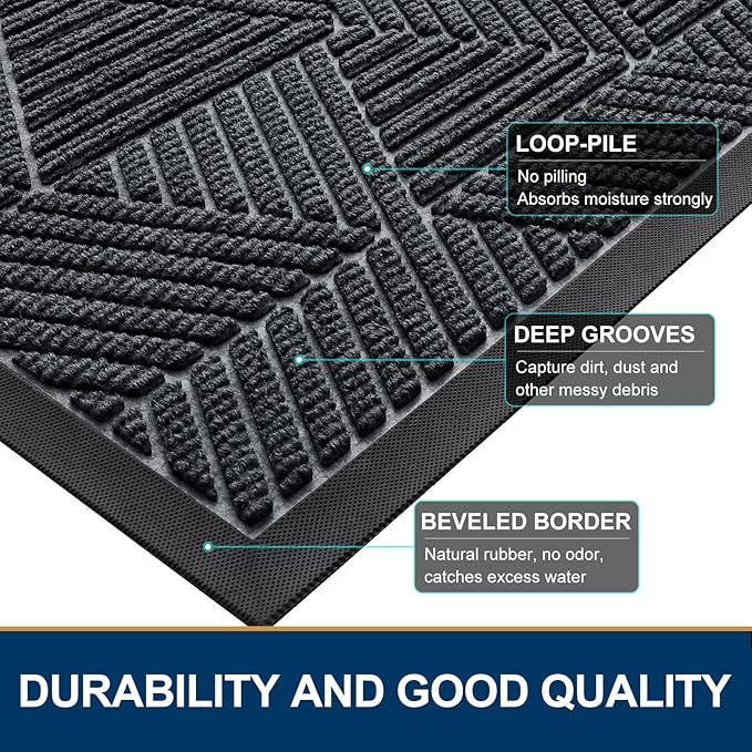 Smiry Front Door Mat Outside Entrance, Heavy Duty Sturdy Natural Rubber Doormat, Trap Dirt and Moisture, Easy Clean Low Profile Mats for Indoor Outdoor Entry, Irregular Triangle (71x24, Grey)