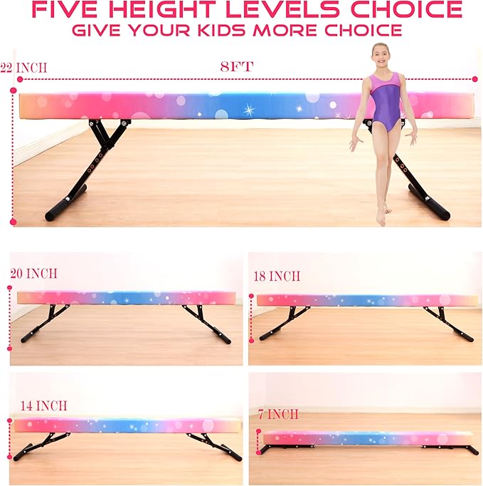 8 Ft Gymnastic Balance Beam with Adjustable Height From7 inch to 22 inch for Kids Children Home Practice, Adjustable Balance Beam with Leg, High and Low Floor Gymnatic Training Beam