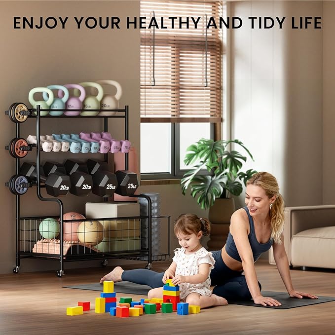 Dumbbell Rack, Weight Rack for Home Gym, Weight Stand for Dumbbells Kettlebells Yoga Mat and Balls, All in One Home Gym Storage with Universal Wheels and Hooks, Workout Storage for Yoga(Metal)