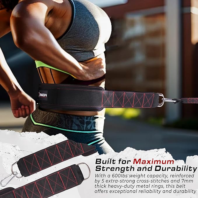 TAVIEW Sled Pulling Belt with Adjustable Closure, 2 Sled Pulling Straps & 4 Hooks – Ideal for Resistance Training, Strength