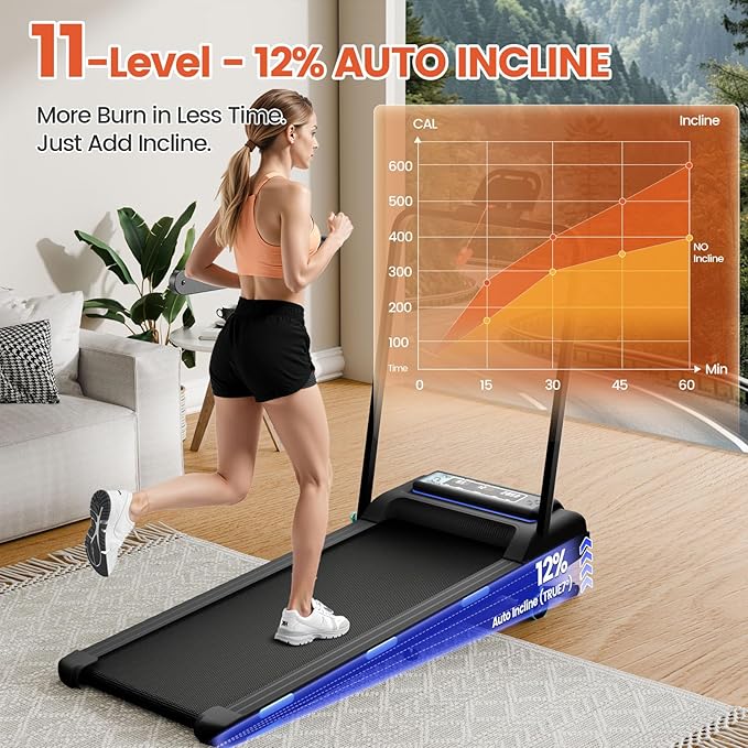 Treadmill with 12% 11-Level Auto Incline, Walking Pad with Handle Bar, 450 lbs Capacity, Under Desk Foldable Treadmills with Bluetooth Speaker, Powerful Walking Pad for Home, APP Connect