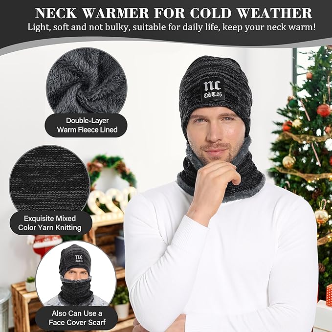 FZ FANTASTIC ZONE Mens Womens Winter Beanie Hat Scarf Set Warm Knit Thick Fleece Lined Skull Cap Neck Warmer for Men Women
