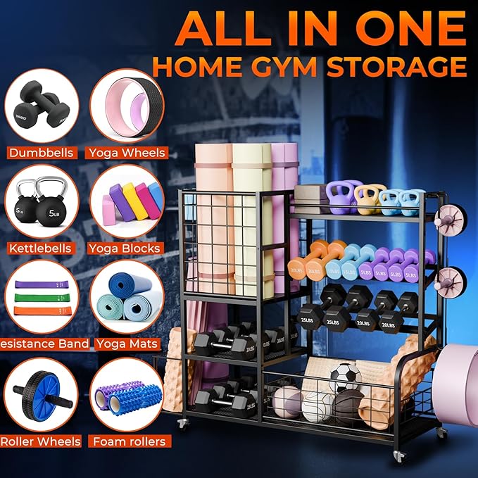 Dumbbell Rack Weight Stand, 4-Tier Adjustable Weight Rack for Dumbbells, Home Gym Storage Rack for Yoga Mat Foam Roller Kettlebells, All in One Equipment Workout Storage Organizer with Wheels & Hooks