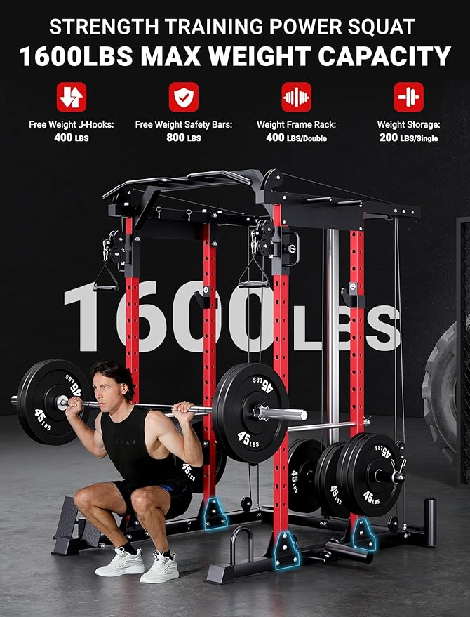 YOLEO Smooth Dual Pulley System Power Cage, 1700LBS Adjustable Cable Crossover Power Rack, Multi-Functional Squat Rack for Home Gym