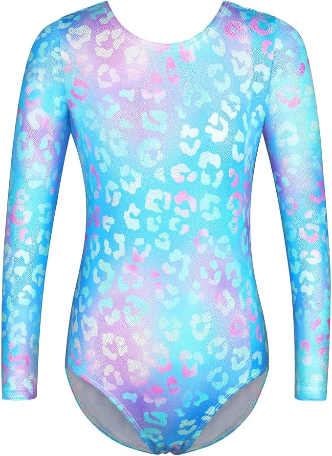 BAOHULU Leotards for Girls Gymnastics Long Sleeve Embroidery Shiny Black Diamond Dance Clothes