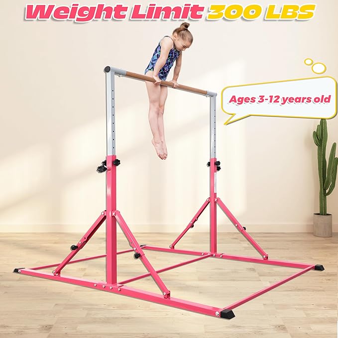 PreGymnastic Foldable Gymnastics Bar, 5.6FT Folding Horizontal Bars for Kids Ages 3-12, Weight Limit 350 LBS, Adjustable kip Bar, Children Home Gym Equipment Indoor