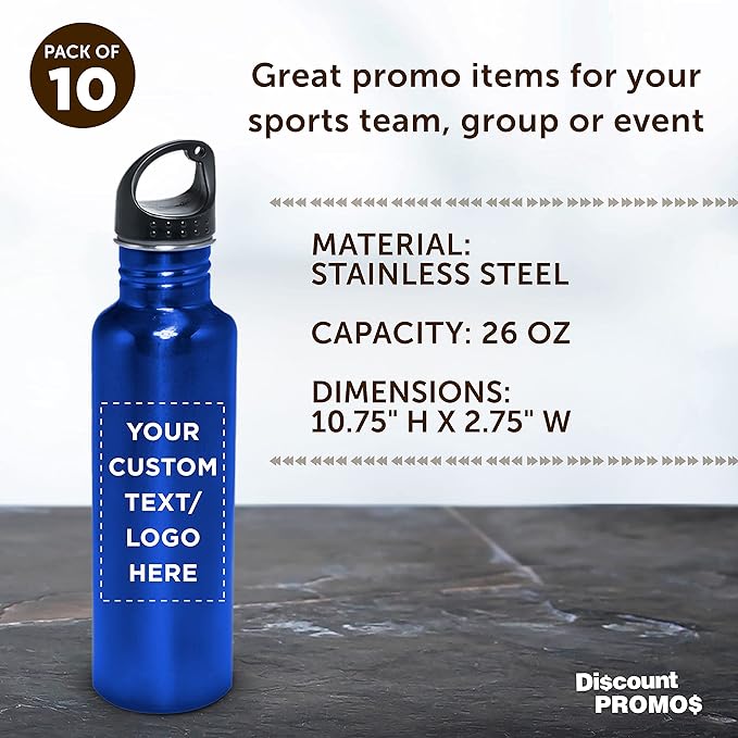 DISCOUNT PROMOS Custom Stainless Steel Water Bottles 26 oz. Set of 10, Personalized Bulk Pack - Reusable, Leak Proof, Perfect for Gym, Hiking, Camping, Outdoor Sports - Met Blue