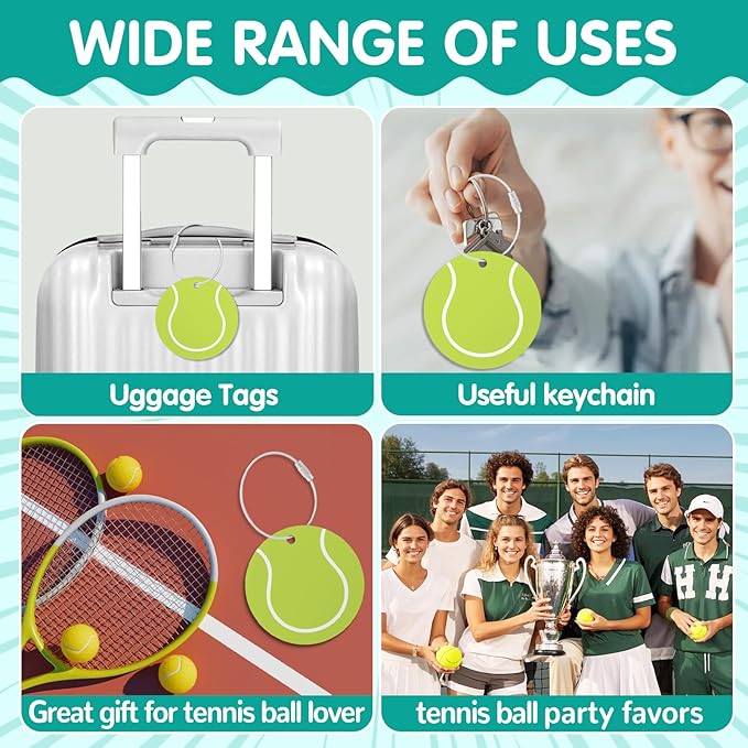 12Pcs Tennis Luggage Tags forTravel Suitcases Labels with Metal Ring 2.75in Tennis Keychain PVC Name Id and DIY Pocket Hug Card,Backpack Charms for Men Women Travel Bag Suitcase