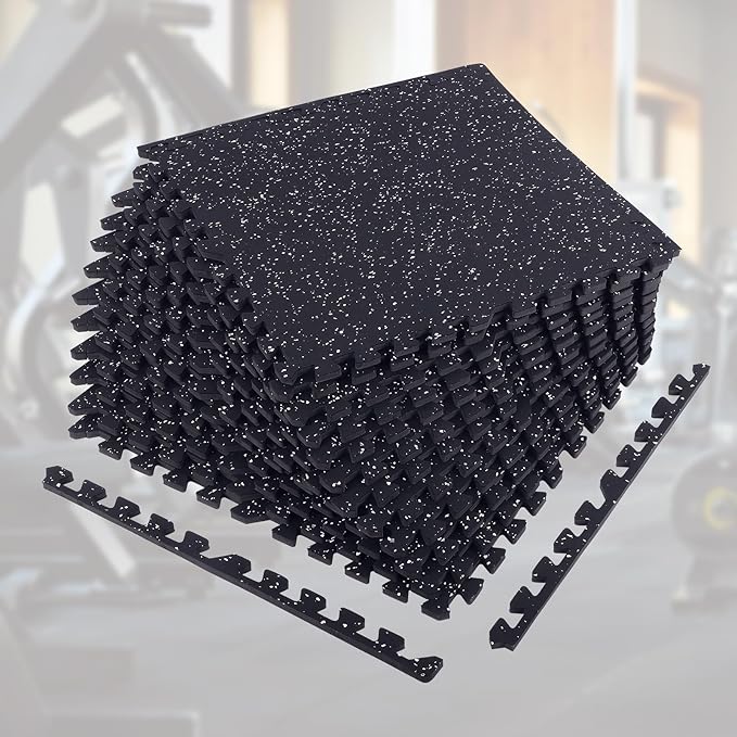 GCCSJ 0.56'' Thick Exercise Equipment Mats,12 Pcs 48 Sq Ft Rubber Top Floor Tiles, EVA Foam Exercise Mat Tiles - Durable, Non-Slip, Interlocking Mat, Gym Flooring for Home Gym (Black)