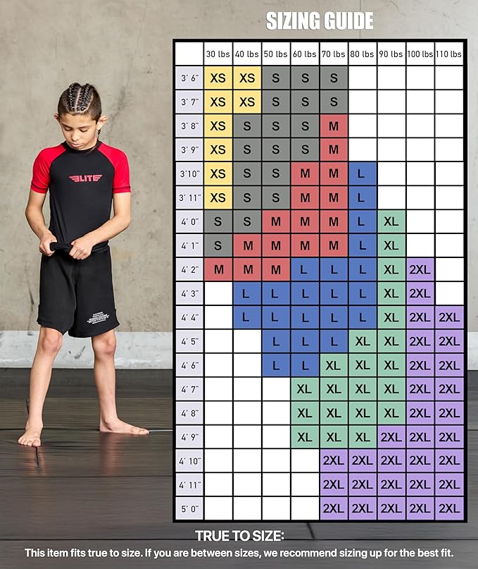 Elite Sports Kids Jiu Jitsu BJJ Rash Guard, Short Half Sleeve Compression Shirt for Youth Boys Girls Sports Nogi Training