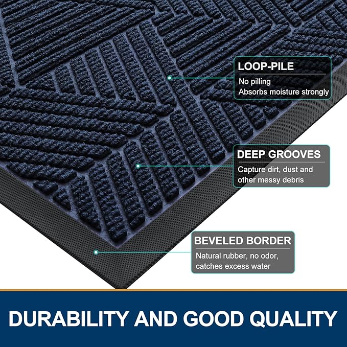 Smiry Front Door Mat Outside Entrance, Heavy Duty Sturdy Natural Rubber Doormat, Trap Dirt and Moisture, Easy Clean Low Profile Mats for Indoor Outdoor Entry, Irregular Triangle (47x24, Navy Blue)