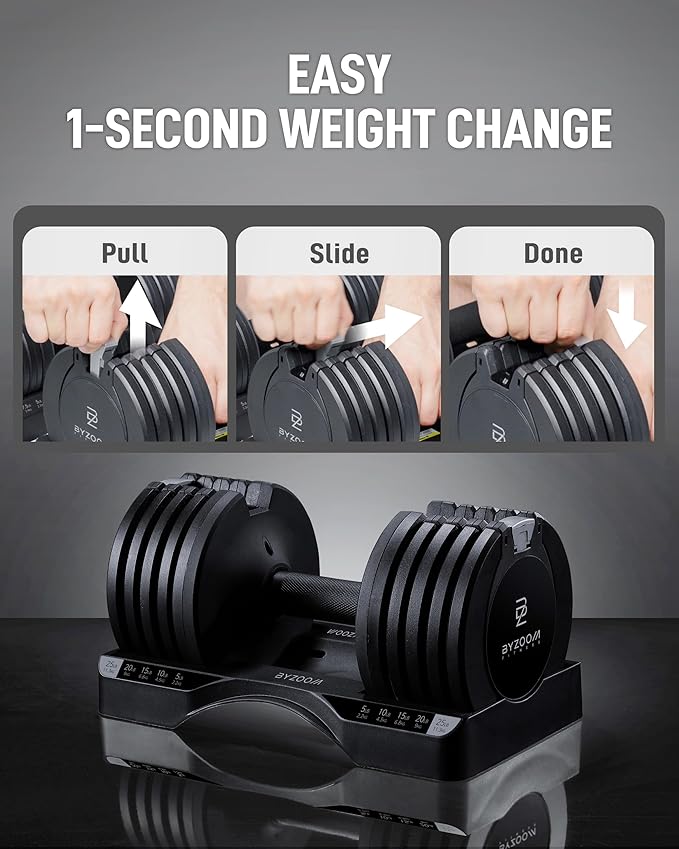 BYZOOM FITNESS Adjustable Dumbbell – 12.5/25lb Single Unit OR Set of 2 – 5-in-1 Adjustable Weight for Home Gym, Strength Training & Fitness Workouts, White OR Black