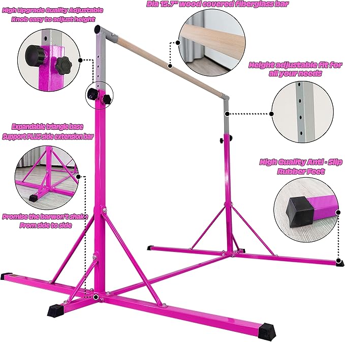 Gymnastics Bar, 5'10” Base length 45" to 71" Adjustable Horizontal Bar for Serious Training, 500 LBS Capacity, Professional Home Gym Equipment with Competition-Grade Beech-covered Fiberglass Bar
