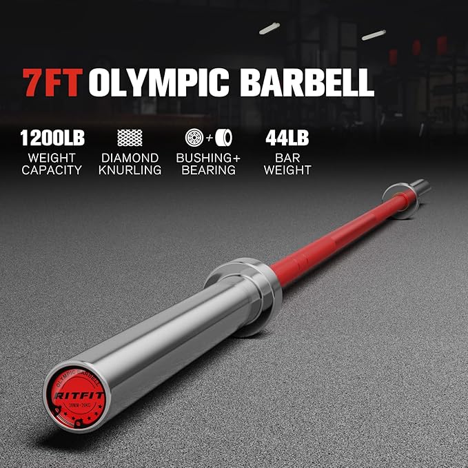 RITFIT 7FT Olympic Barbell for Strength and Weightlifting Training - 2 Inch Olympic Bar for Squat, Deadlift, Bench Press, Curl, Overhead Press - 600lbs/1000lbs/1200lbs Capacity