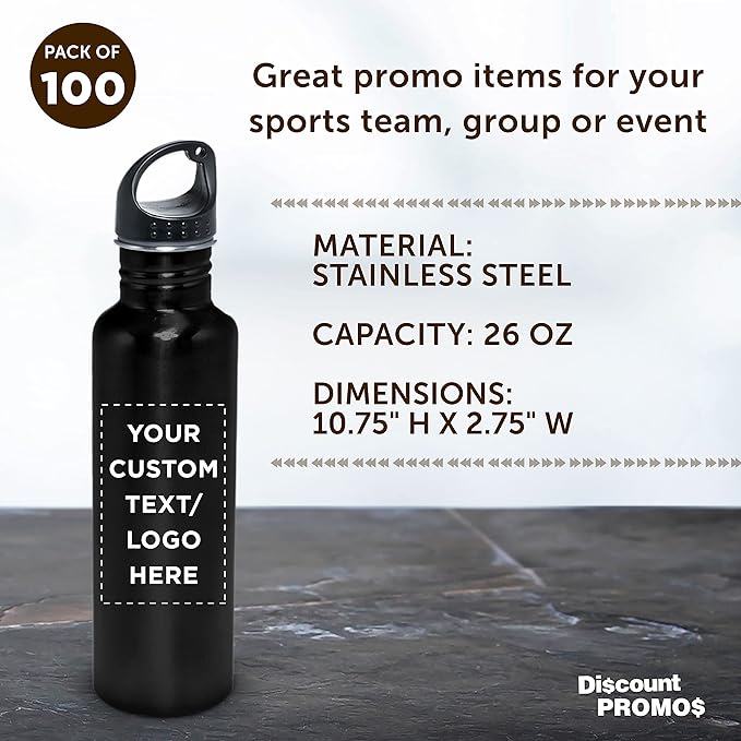 DISCOUNT PROMOS Custom Stainless Steel Water Bottles 26 oz. Set of 100, Personalized Bulk Pack - Reusable, Leak Proof, Perfect for Gym, Hiking, Camping, Outdoor Sports - Black