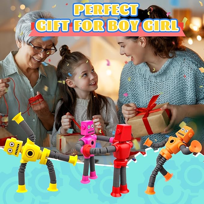 16PCS Suction Cup Robot Toy, Transformable Telescopic Pop Tubes Sensory Toy for Kids Adults, Funny Robot Action Figure Bendable Fidget Toy Gift Birthday Party Favors Christmas