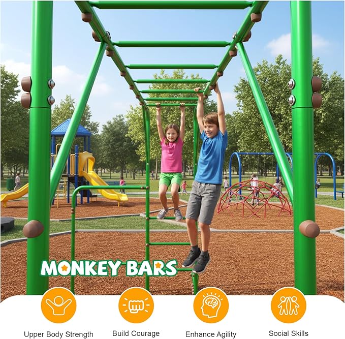 Outdoor Monkey Bars for Kids,Metal Swing Sets for Backyard with 4 Rings Climbing Rope,Monkey Bars Kit with Single Disk Outdoor Climbing Rope with Platforms,Jungle Gym for Playground, Green