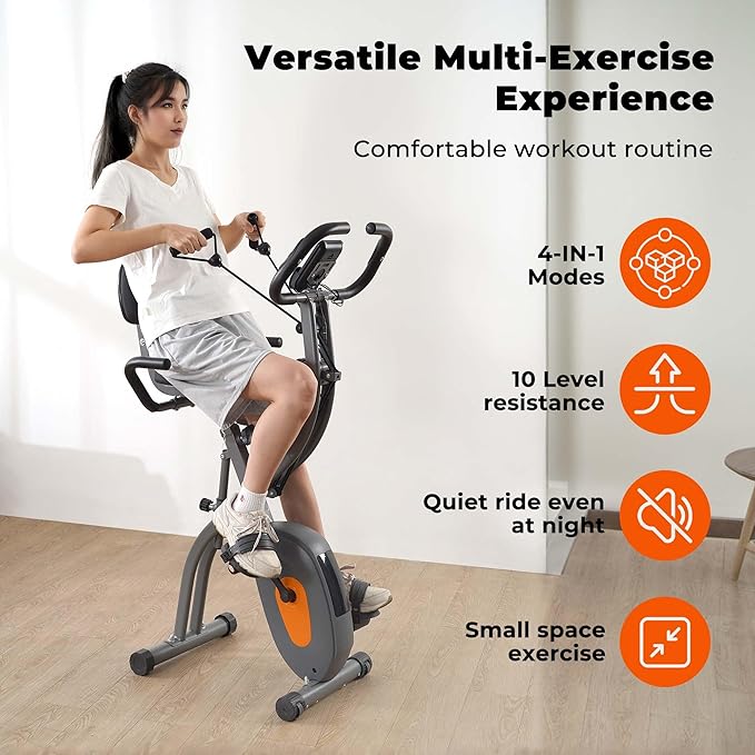 Exercise Bike, Stationary Bike for Home, Folding Exercise Bike with 10 Level Magnetic Resistance, Arm Resistance Bands &Pulse Sensor, LCD Monitor for Home Workout