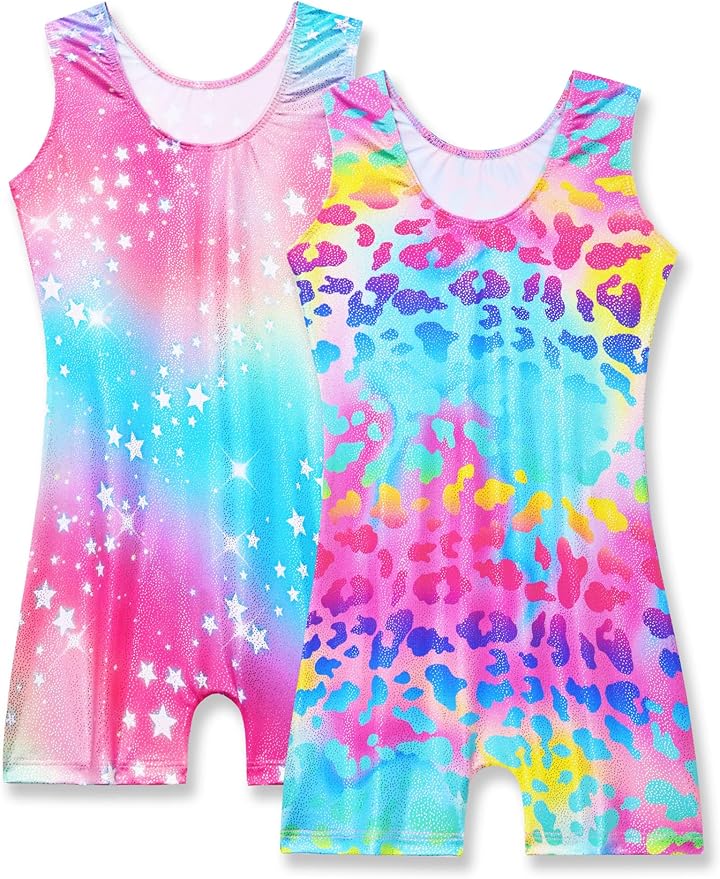 Nymphperi 2 Packs Gymnastics Leotard for Girls Sparkle Biketards with Shorts Kids Sleeveless Unitard One-Piece Dancewear