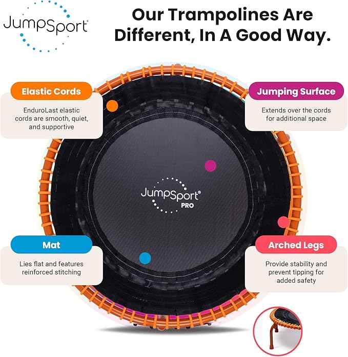 JumpSport 350 PRO Fitness Trampoline, Cardio Workout, No-Tip Arched Legs Home Gym Equipment, Adjustable Bungees & 60 Day Trial Video