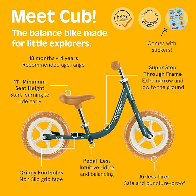 Retrospec Cub Toddler Balance Bike for Ages 18 Months - 3 Years - 12in No-Pedal Beginner Bicycle with Adjustable Seat, Puncture-Proof Tires & Safe Low Frame Design