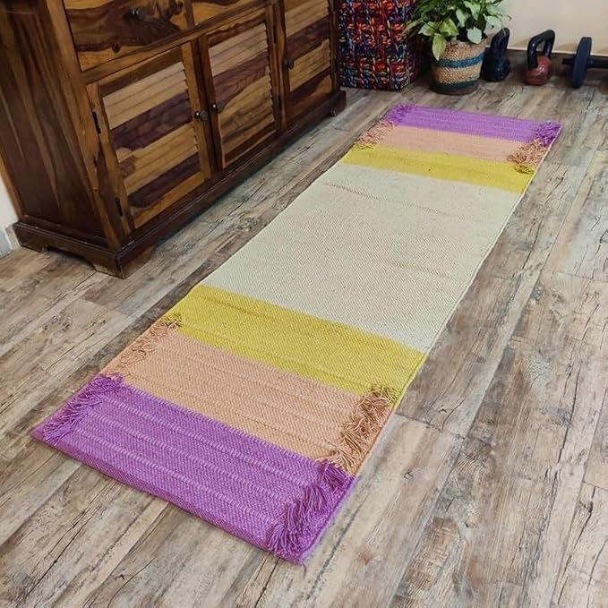 Indian Handmade100 % Organic Anti Skid Multi Colour Cotton Yoga Mat - Eco-Friendly Hand-Woven Rug - Non-Slip & Thick (24”x72”x5mm) for Hot yoga & Everyday Fitness at Home - Comfortable & Foldable Extra-Long Mat