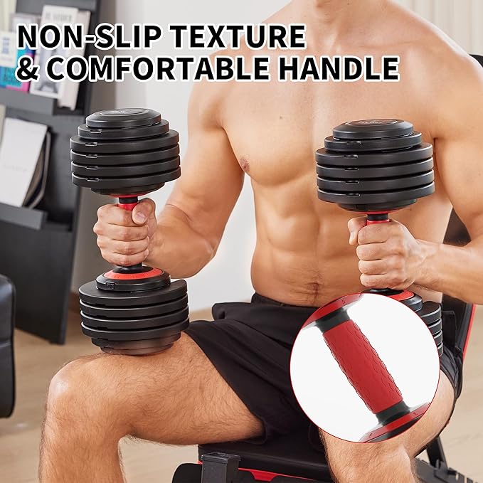 25/55LB Adjustable Dumbbell Set,10 in 1 Free Weights Dumbbell with Anti-Slip Texture Handle,1 Sec Speed Adjustment Men/Women Gym and Home Strength Training Equipment.