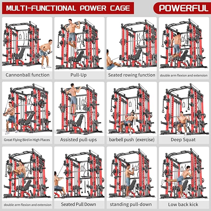 Smith Machine, Multi-Purpose Strength Power Cage with Cable Crossover System and More Training Accessories,Squat Rack Power Rack，Suitable for Home Gyms