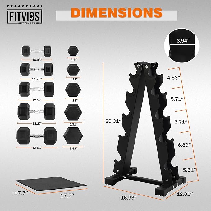 Fitvids 150 LB Rubber Coated Hex Dumbbell Set with Storage Rack, 5-25LB Hand Weight Set with Anti-Slip Grip for Home Gym