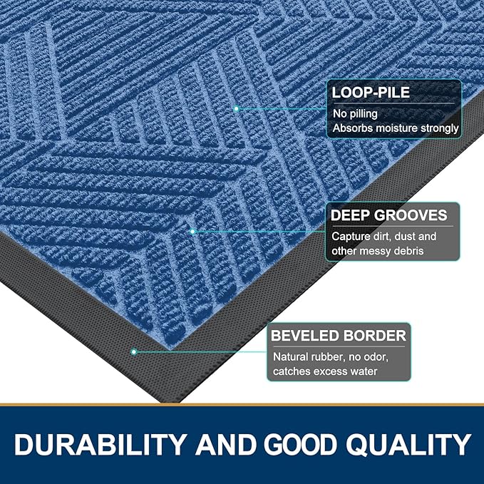 Smiry Half Circle Front Door Mat Outside Entrance, Heavy Duty Sturdy Natural Rubber Doormat, Trap Dirt and Moisture, Low Profile Mats for Indoor Outdoor Entry, Irregular Triangle (36x24, Blue)