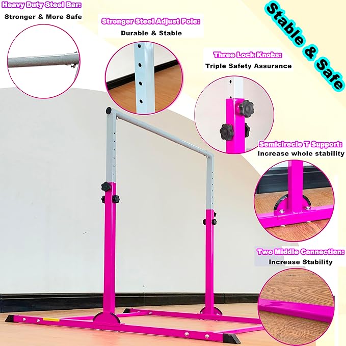 MARFULA Gymnastic Bar with 4 ft Inner Width 5 ft Adjust Height for Kids Kip Bar with 350 lbs Gymnastic Training Equipment for Kids 3-15 Years Home and Club Use