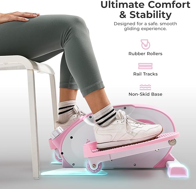 Sunny Health & Fitness Under Desk Pedal Elliptical Machine, Adjustable Resistance Leg Exerciser Home Workout While Sitting for Seniors, Optional Motorize or in Pink with SunnyFit App via Bluetooth