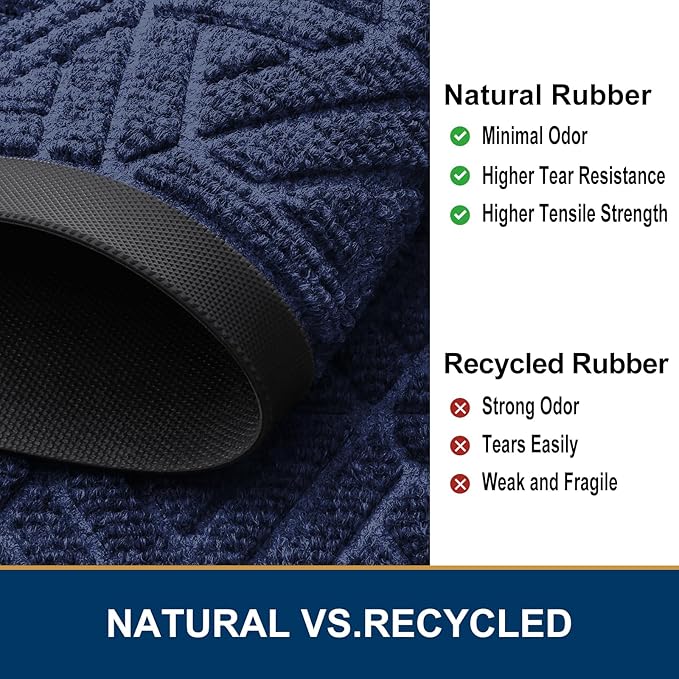 Smiry Front Door Mat Outside Entrance, Heavy Duty Sturdy Natural Rubber Doormat, Trap Dirt and Moisture, Easy Clean Low Profile Mats for Indoor Outdoor Entry, Grid Geometric (47x24, Navy Blue)
