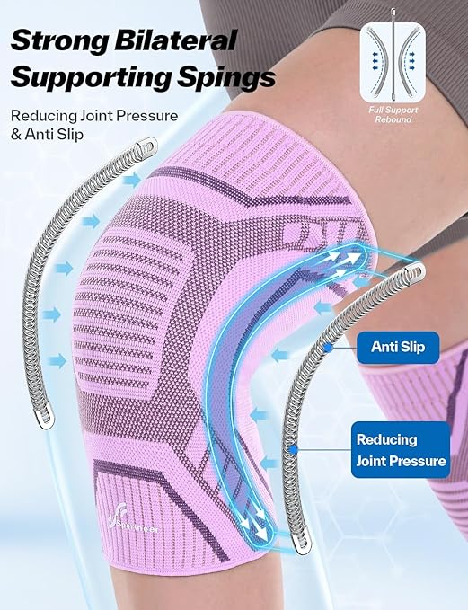 Sportneer Knee Brace with Dual Side Stabilizers – Maximum Support Compression Knee Sleeve for Men & Women, Anti-Slip Knee Support for Running, Workout, Arthritis, ACL & Pain Relief (Pink-Purple, Medium(16"-18.5"))