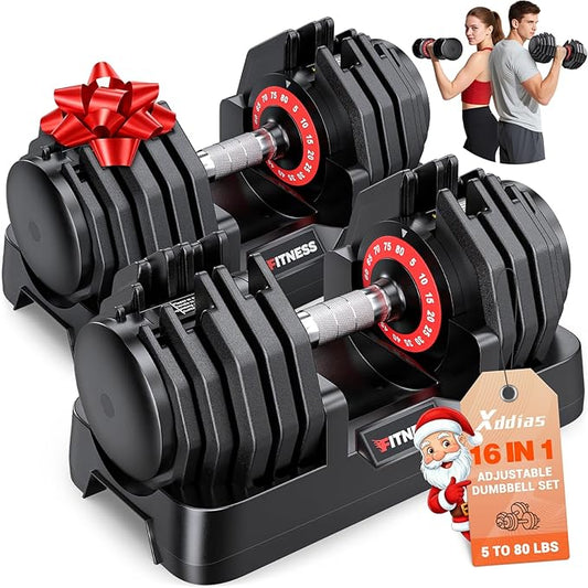 XDDIAS Adjustable Dumbbell Set of 2, 25/55/80LB Dumbbell Set-Fast Adjust Weights Set, 5/10/16 in 1 Free Weights Dumbbells Set with Anti-Slip Metal Handle, Compact Size for Men/Women Home Gym Equipment