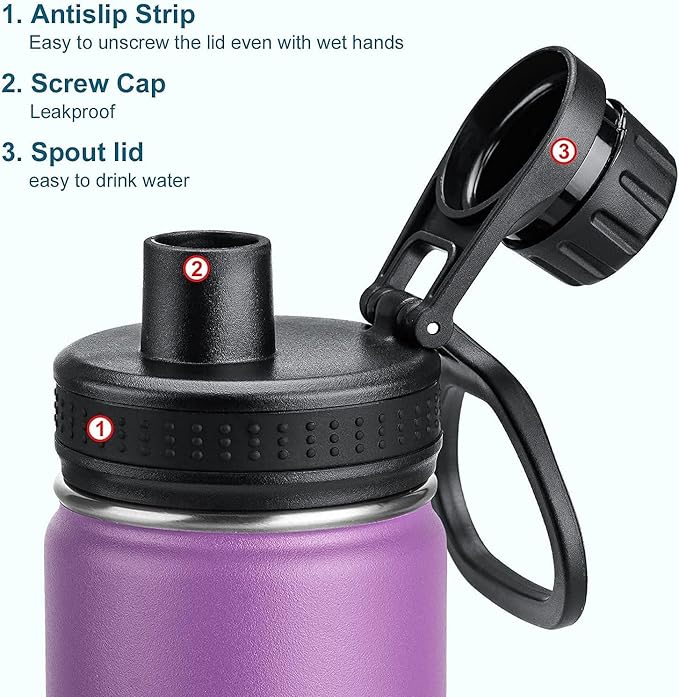 Koodee Small Water Bottle 12 oz Stainless Steel Vacuum Insulated Water Bottle for Back to School, Wide Mouth Flask with Leakproof Spout Lid(Purple)