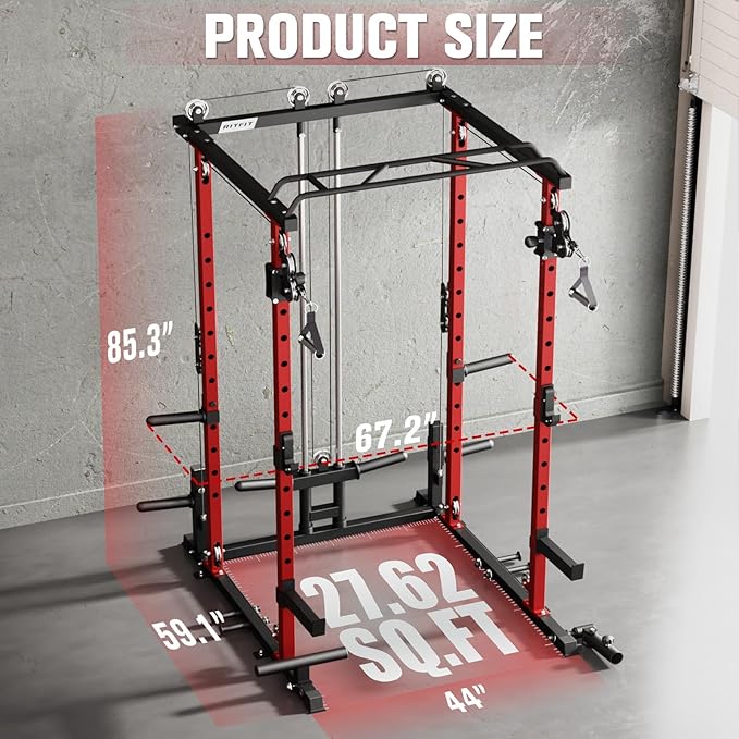 RitFit Upgraded PPC-P3 Power Cage, 3-in-1 Home Gym with Aluminum Pulley System, 1200LBS Capacity, Includes LAT Pulldown, Landmine, J-Hooks & 20+ Attachments, Fits Compact Spaces Black Red