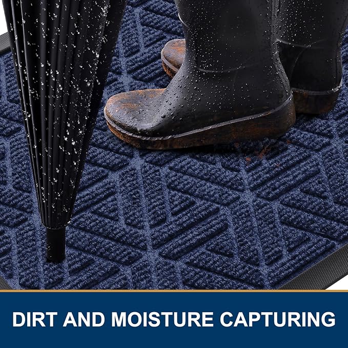 Smiry Front Door Mat Outside Entrance, Heavy Duty Sturdy Natural Rubber Doormat, Trap Dirt and Moisture, Easy Clean Low Profile Mats for Indoor Outdoor Entry, Grid Geometric (71x24, Navy Blue)