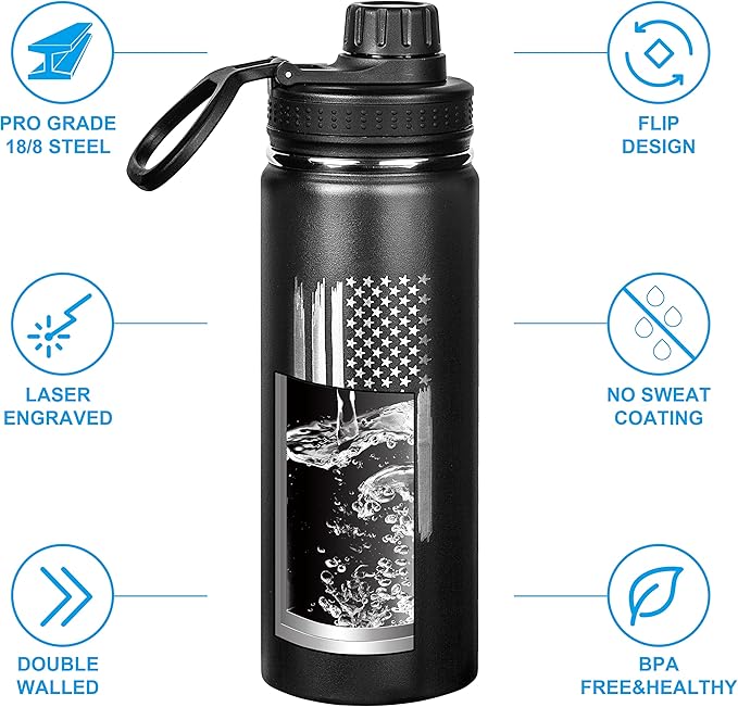 American Flag 20oz Sports Water Bottle | Insulated Metal | Stainless Steel | Outdoor Sports, Hiking - USA Flag 20oz Bottle