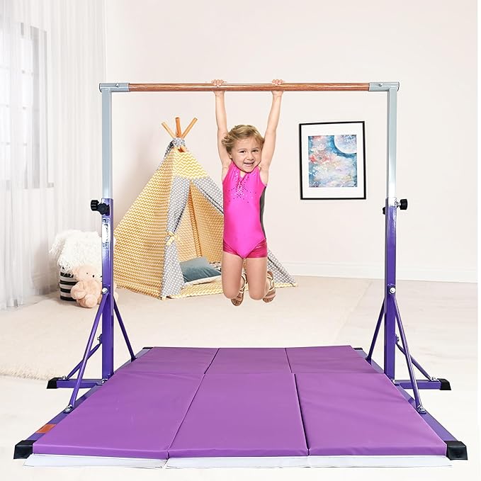 Gymnastics Bar for Kids Ages 3-15, 35" to 60" Adjustable Height, 4FT Wide Base - Professional Kip Bar with 360° Stability & Fiberglass Crossbar, Easy Fold&Solid Design for Home Training